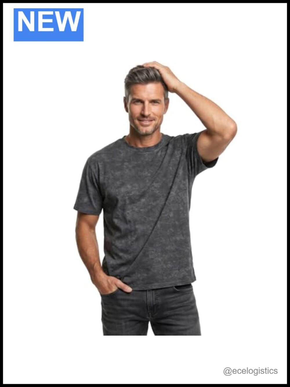 Distressed Cotton Short Sleeve Tee with X Stitch Crew Neck